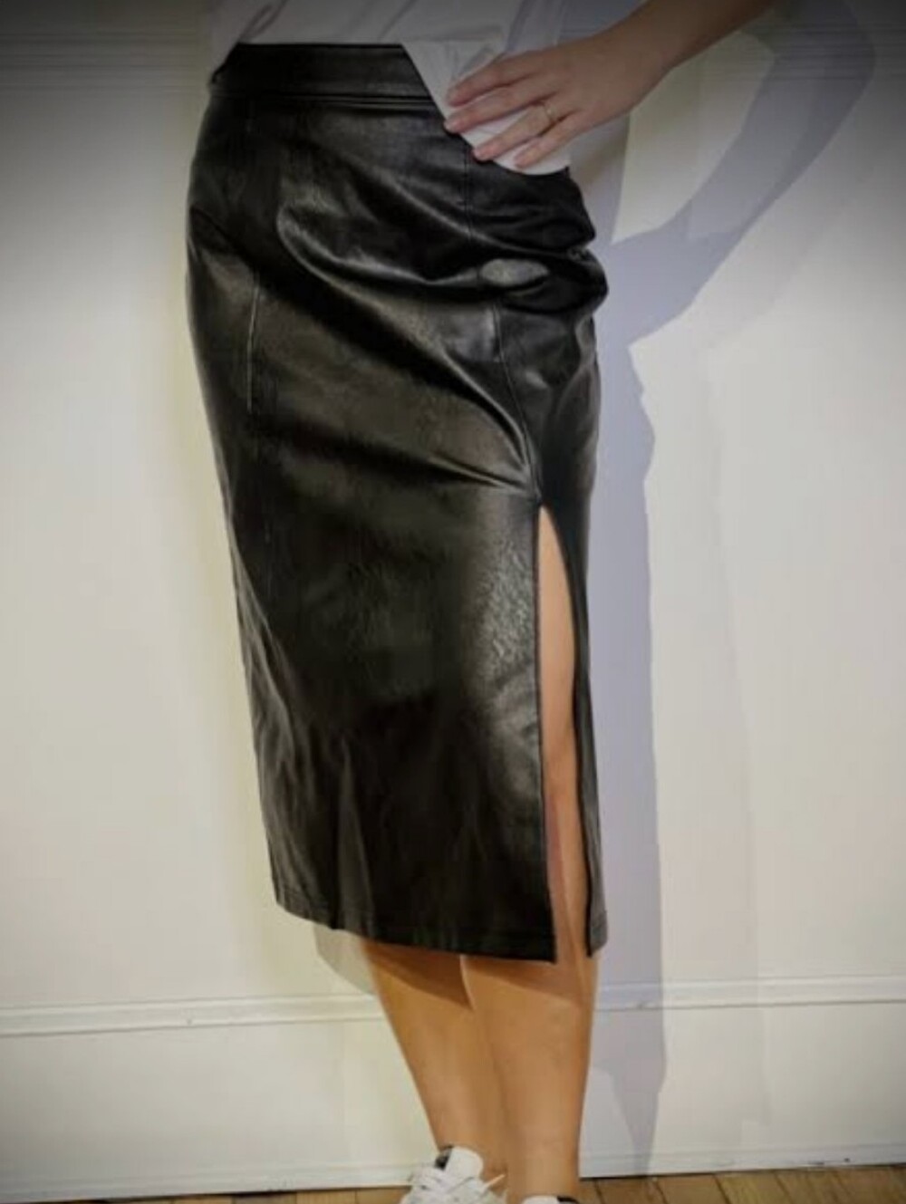 SPANX Black Faux Leather Midi Pencil Skirt with Side Slit Size M Casual Career